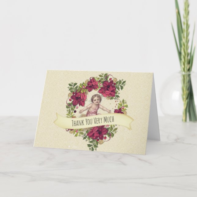 Baby Jesus Christmas Pointsettia Wreath Thank You Card (Front)