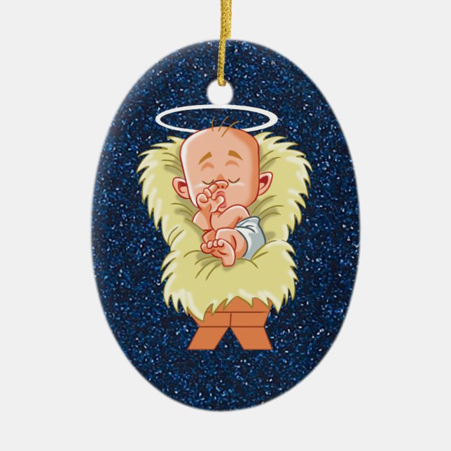 Baby Jesus In Manger Ceramic Ornament (Front)