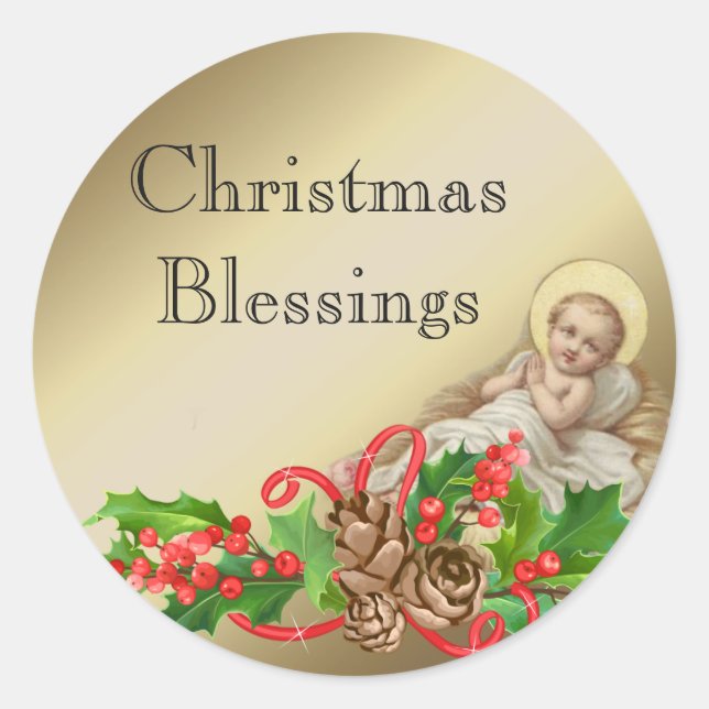 Baby Jesus in Manger Christmas Blessings Floral Classic Round Sticker (Front)