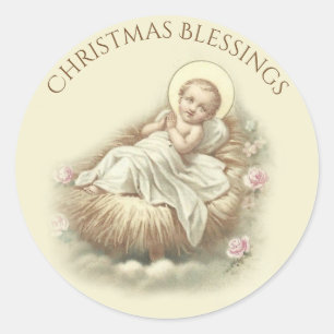 Baby Jesus in Manger Christmas Blessings Roses Classic Round Sticker