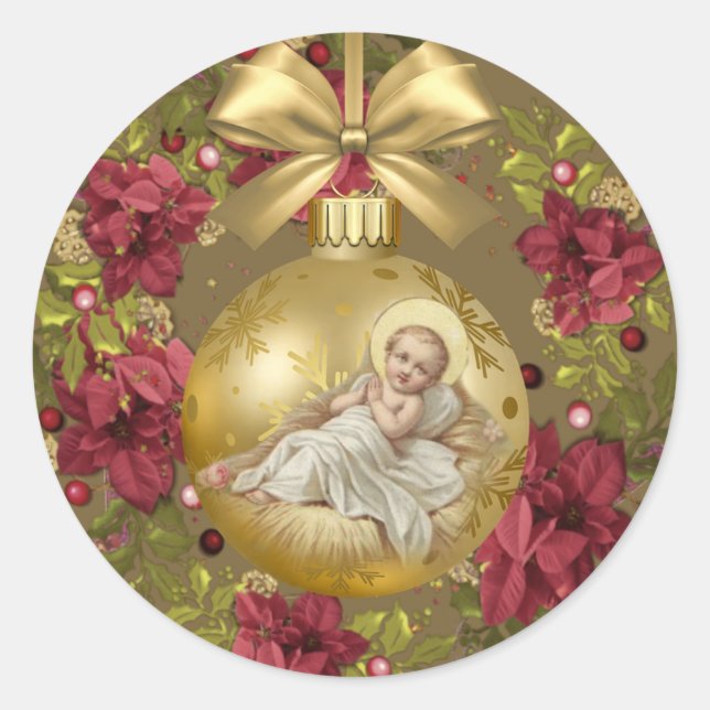 Baby Jesus in Manger Christmas Floral Wreath Classic Round Sticker (Front)