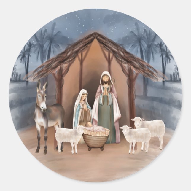 Baby Jesus in the Manger Nativity Round Labels (Front)