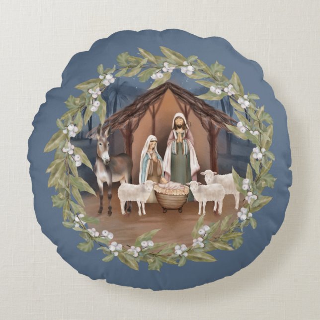 Baby Jesus in the Manger Nativity  Round Pillow (Front)