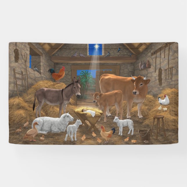 Baby Jesus Manger Holy Night Christmas Nativity Banner (Horizontal)