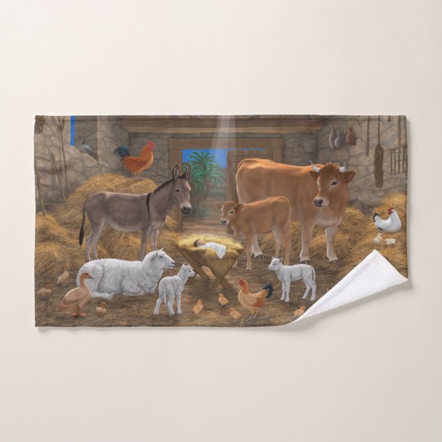 Baby Jesus Manger Holy Night Christmas Nativity Bath Towel Set (Hand Towel)
