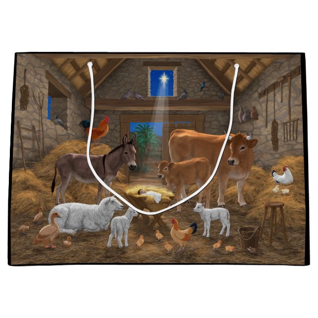 Baby Jesus Manger Holy Night Christmas Nativity Large Gift Bag (Front)