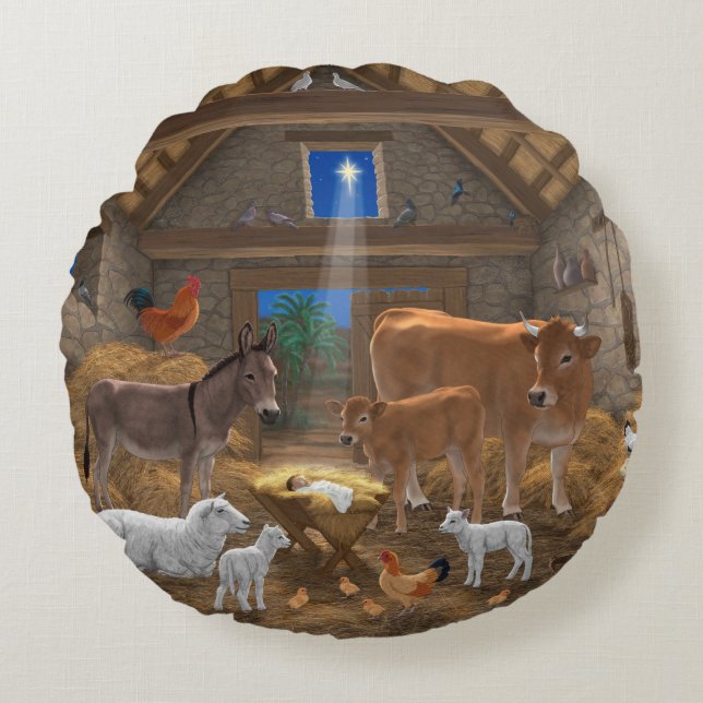 Baby Jesus Manger Holy Night Christmas Nativity Round Pillow (Front)