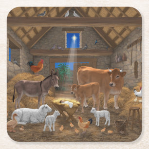 Baby Jesus Manger Holy Night Christmas Nativity Square Paper Coaster