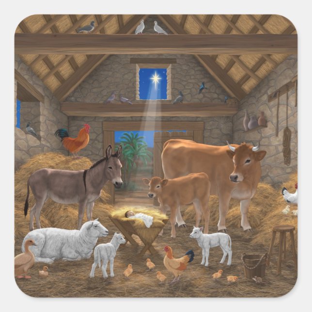 Baby Jesus Manger Holy Night Christmas Nativity Square Sticker (Front)