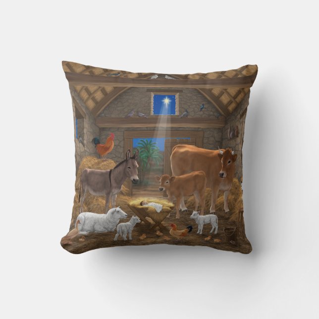 Baby Jesus Manger Holy Night Christmas Nativity Throw Pillow (Front)