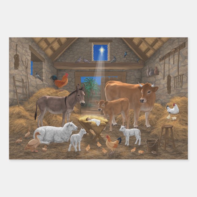 Baby Jesus Manger Holy Night Christmas Nativity Wrapping Paper Sheet (Front)