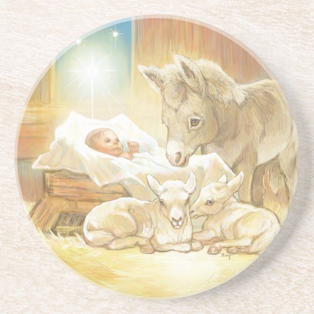 Baby Jesus Nativity with Lambs and Donkey Coaster (Front)