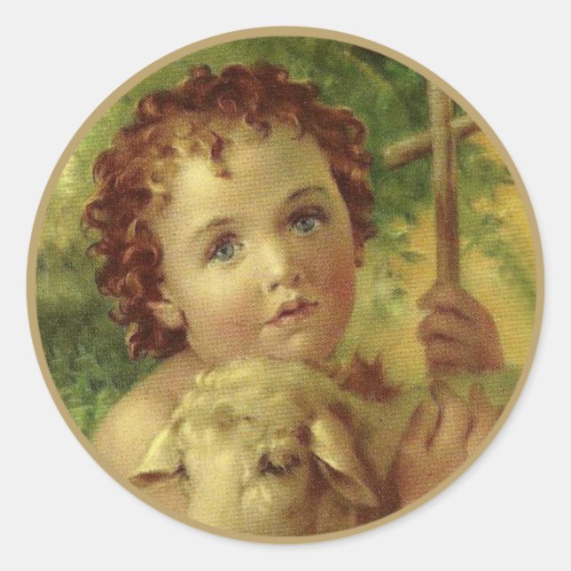 Baby Jesus with Cross & Lamb Classic Round Sticker (Front)