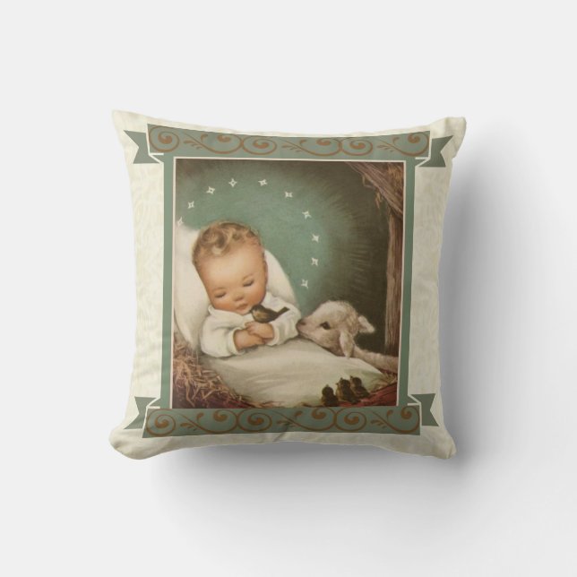 Baby Jesus with lamb & bird in manger Throw Pillow (Front)
