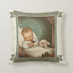 Baby Jesus with lamb & bird in manger Throw Pillow