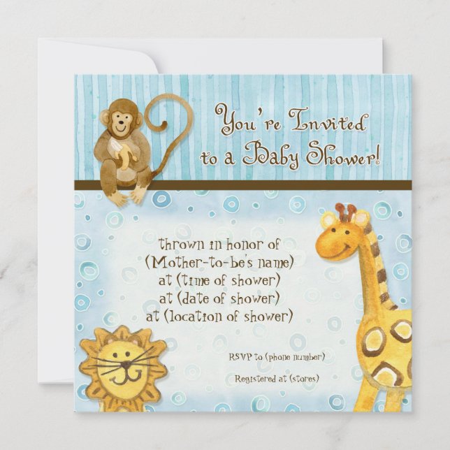 Baby Jungle, Baby shower garçon Invitation - Bleu (Devant)