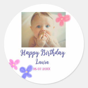 Baby kids 1st birthday add name date add photo classic round sticker