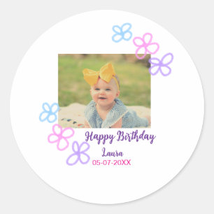 Baby kids 1st birthday add name date add photo classic round sticker
