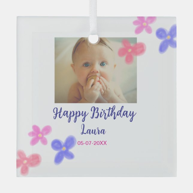 Baby kids 1st birthday add name date add photo glass ornament (Front)