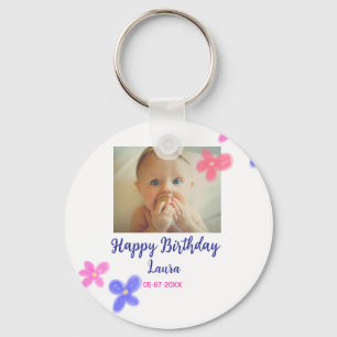 Baby kids 1st birthday add name date add photo keychain