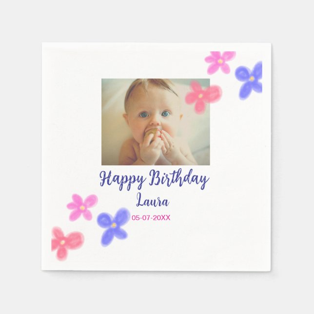 Baby kids 1st birthday add name date add photo napkin (Front)