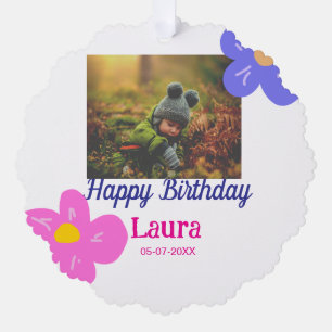 Baby kids 1st birthday add name date add photo ornament card