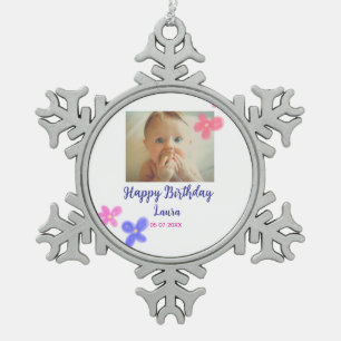 Baby kids 1st birthday add name date add photo snowflake pewter christmas ornament
