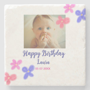 Baby kids 1st birthday add name date add photo stone coaster