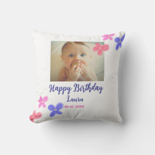Baby kids 1st birthday add name date add photo throw pillow