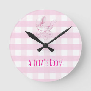 Baby & kids girl nursery door sign vintage gingham round clock