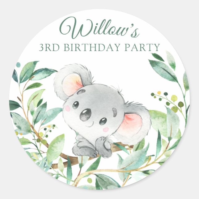 Baby Koala Bear Custom Birthday Party Classic Round Sticker (Front)