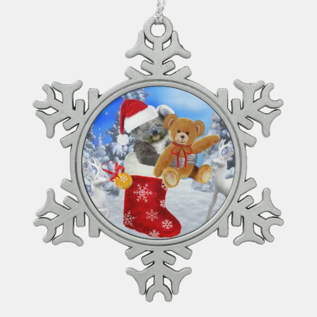 BABY KOALA CHRISTMAS WITH TEDDY SNOWFLAKE PEWTER CHRISTMAS ORNAMENT (Front)