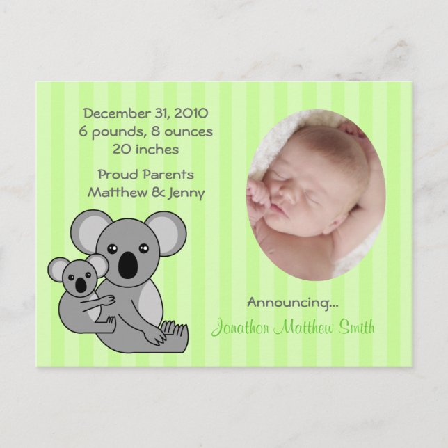 Baby Koala Ours Annonces de naissance Carte postal (Devant)