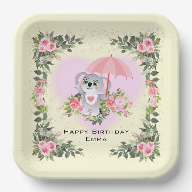 Baby Koala | Personalized Birthday Yellow Paper Plate (Front)