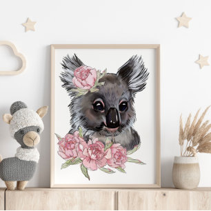 Baby Koala Rose Animal Poster   Wall Print 