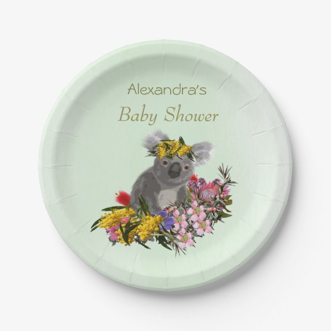 Baby Koala Wildflower Green Paper Plate (Front)