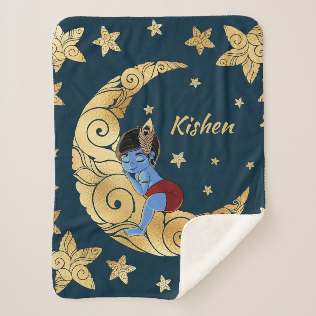 Baby Krishna Sleeping on the moon Sherpa Blanket (Front)