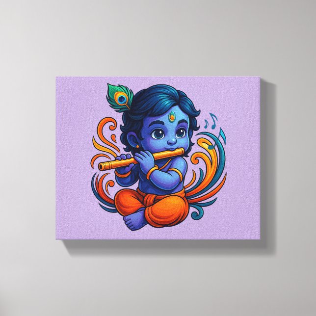 Baby Krishna with Flute – Peace Vibes | Vibrant 3D Canvas Print (Front)