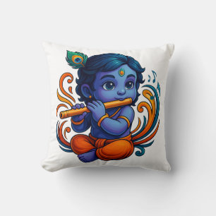 Baby Krishna with Flute – Peace Vibes   Vibrant 3D Throw Pillow