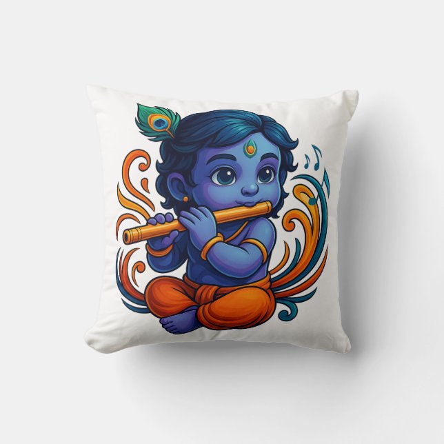 Baby Krishna with Flute – Peace Vibes | Vibrant 3D Throw Pillow (Front)