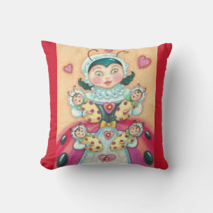 Baby Ladybugs Family THROW PILLOW Red Border