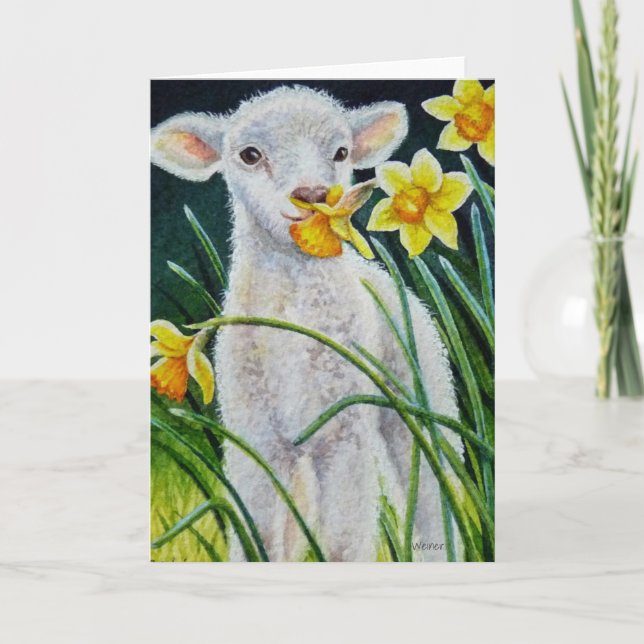 Baby Lamb and Spring Daffodils Watercolor Art Card (Front)