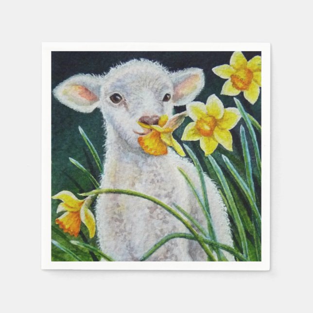 Baby Lamb and Spring Daffodils Watercolor Art Napkin (Front)