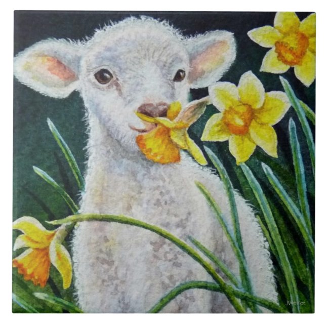 Baby Lamb and Spring Daffodils Watercolor Art Tile (Front)