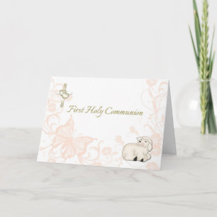 Baby Lamb Peach First Communion Greeting Card