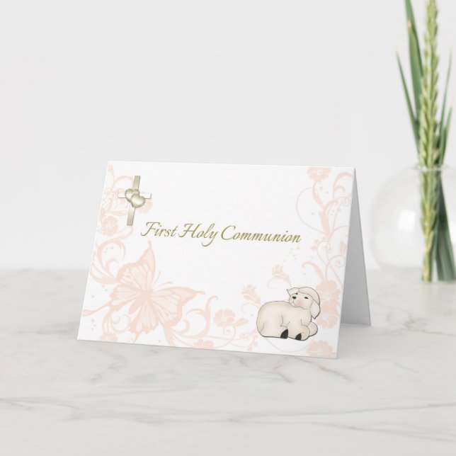 Baby Lamb Peach First Communion Greeting Card (Front)