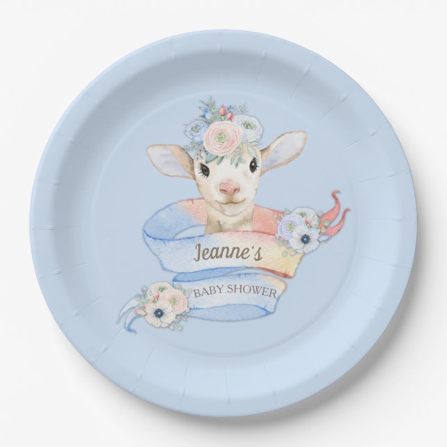 Baby Lamb Pink Blue Farm Country Pastel Paper Plate (Front)