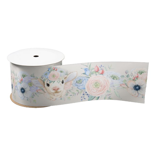 Baby Lamb Pink Blue Gender Neutral Reveal Satin Ribbon (Spool)