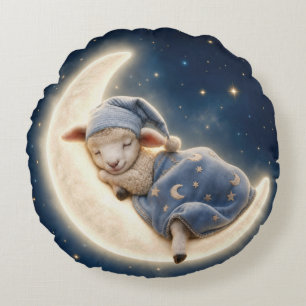 Baby Lamb Sleeping on a Crescent Moon Round Pillow