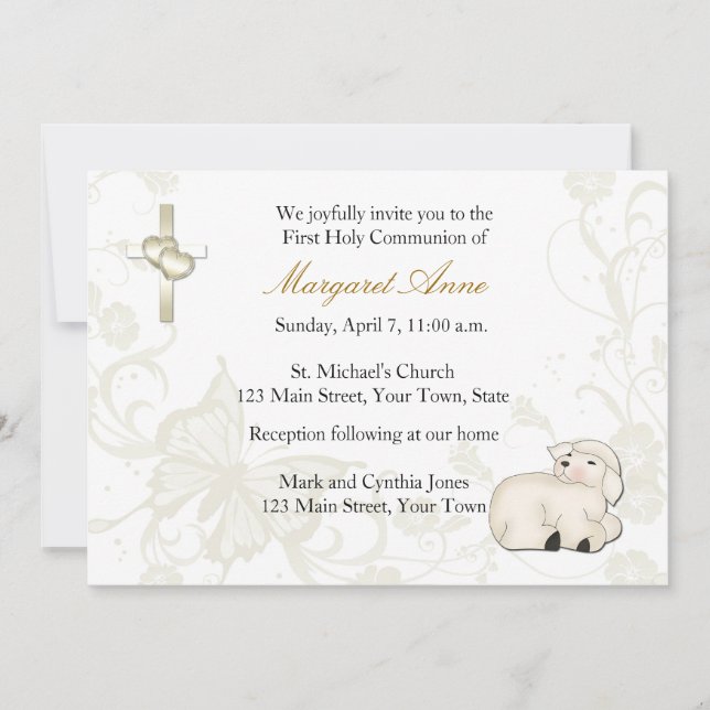 Baby Lamb Tan Religious Invitation (Front)